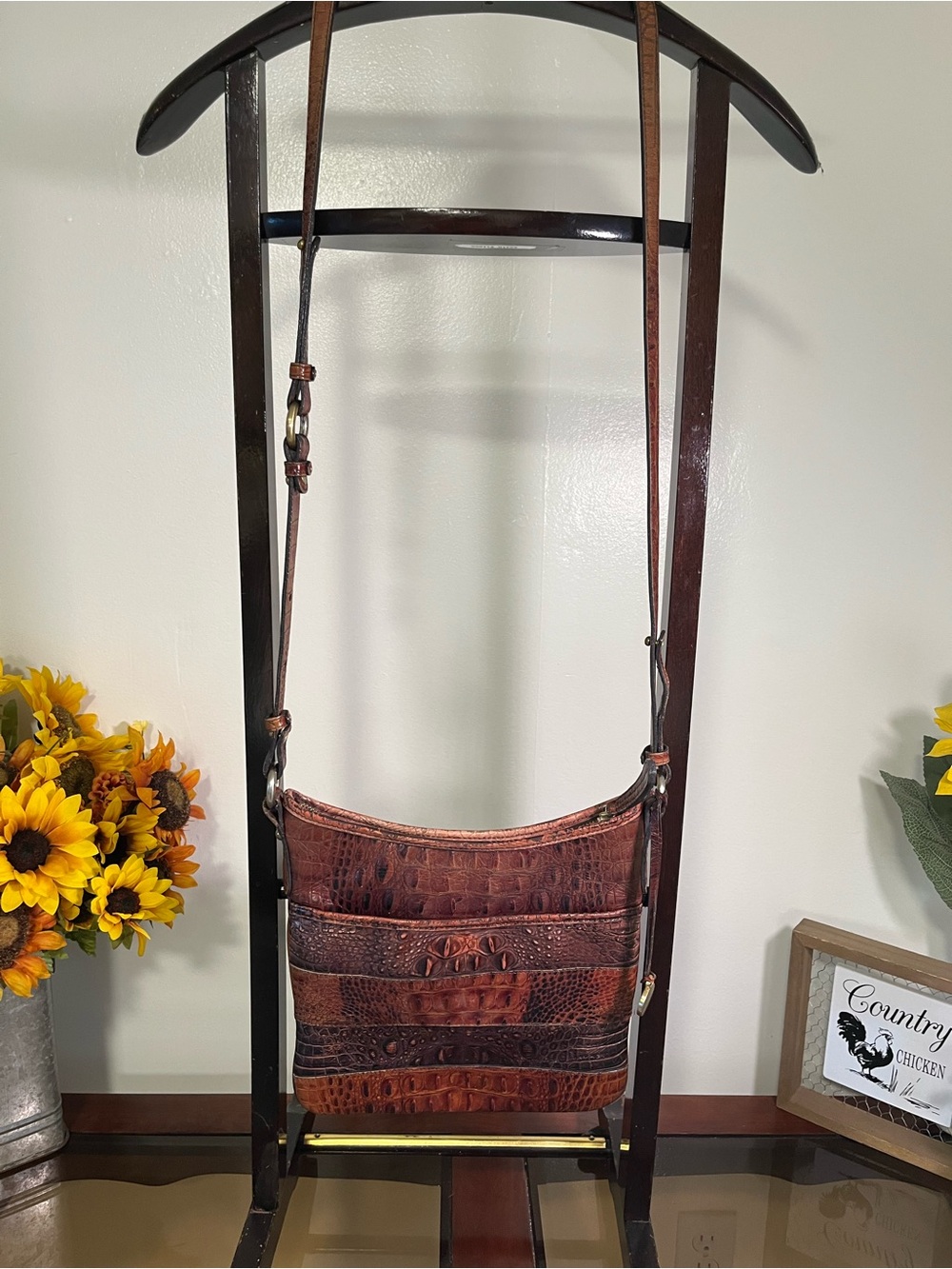 Brahmin Croc Embossed Leather Shoulder/Crossbody Bag Brown Multi - Picture 2 of 13